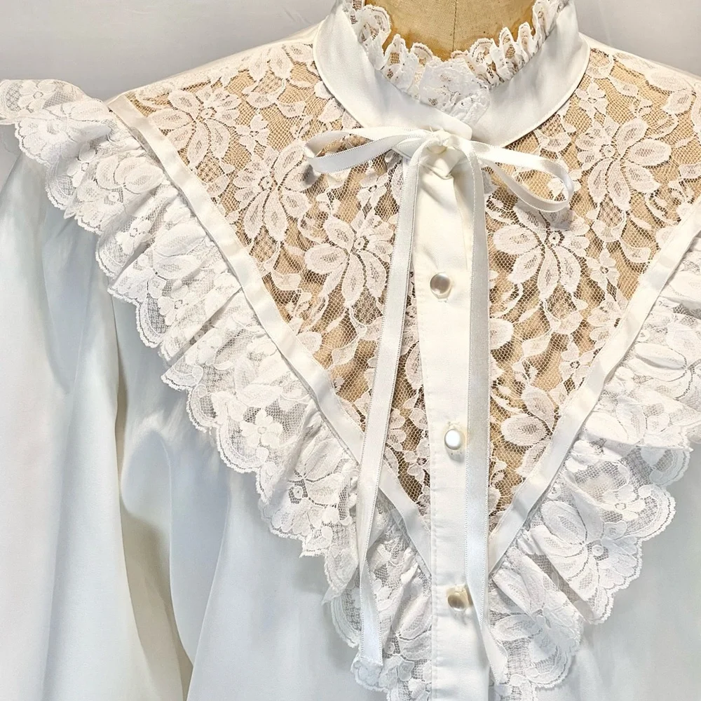 VINTAGE lace ruffle fancy blouse button down Victorian high neck ribbon bow 80s - Picture 7 of 14